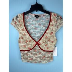 Beverly Beck brand lace crop top, PacSun, floral pattern and velvet trim small